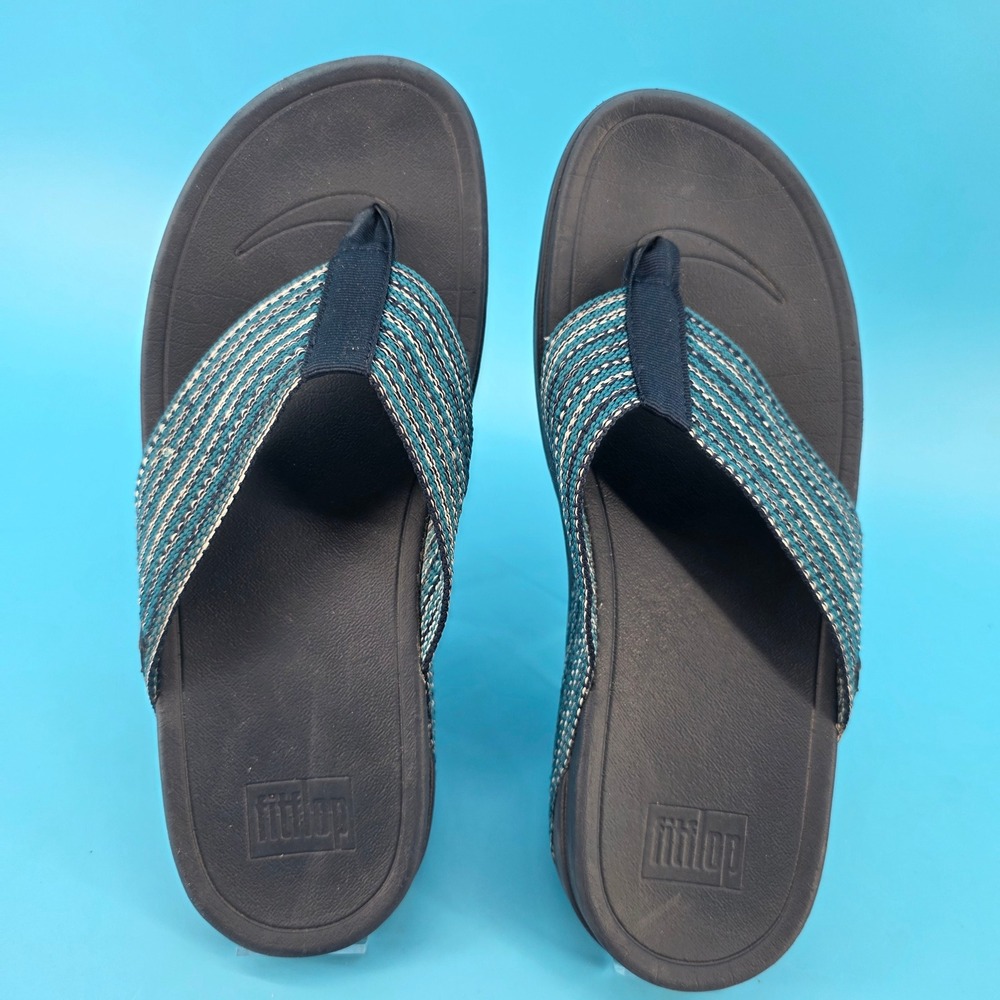 FitFlop Surfa Teal Navy Striped Webbing Comfort Thong Sandals Womens 9